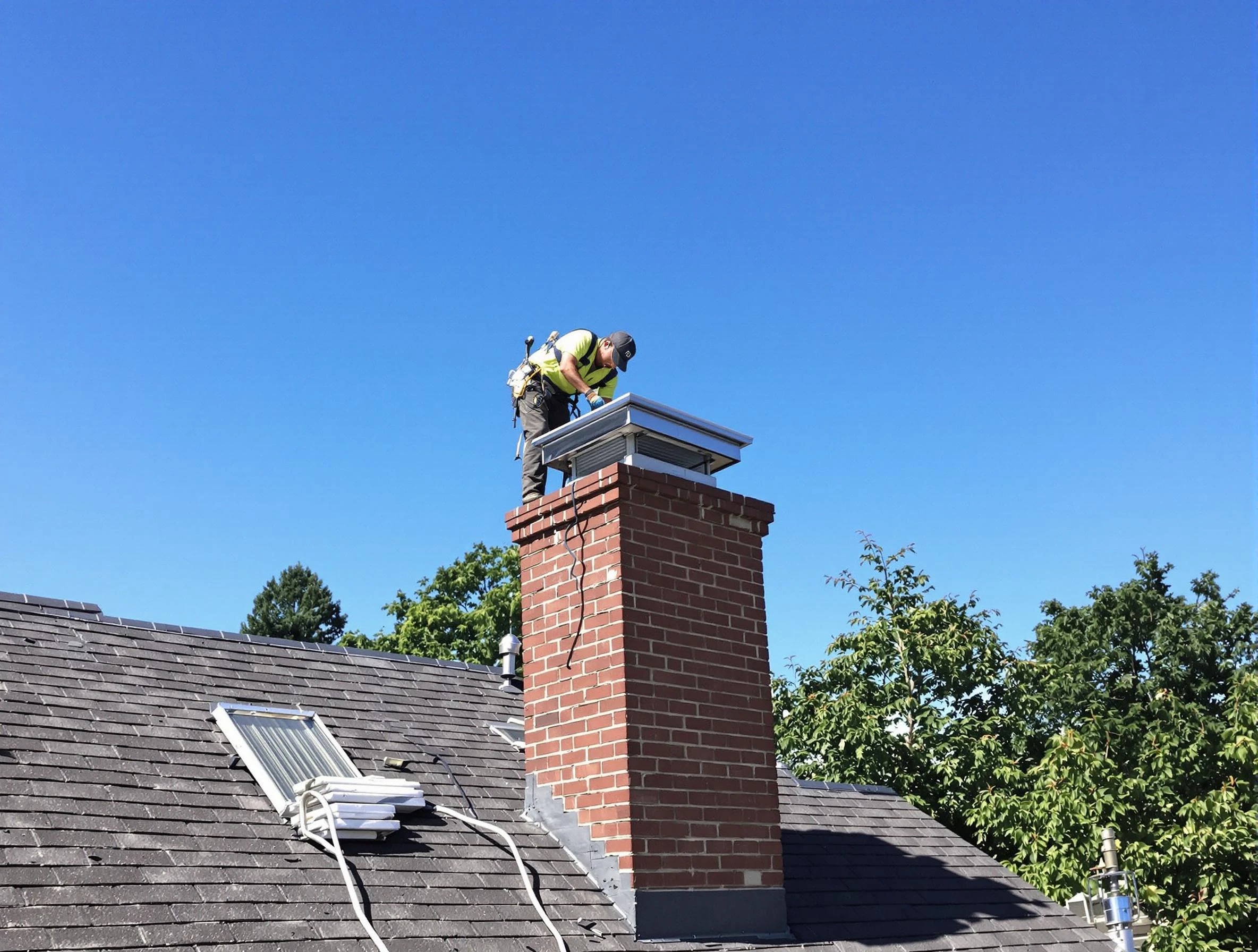 Milford Chimney Sweep technician measuring a chimney cap in Milford, MA