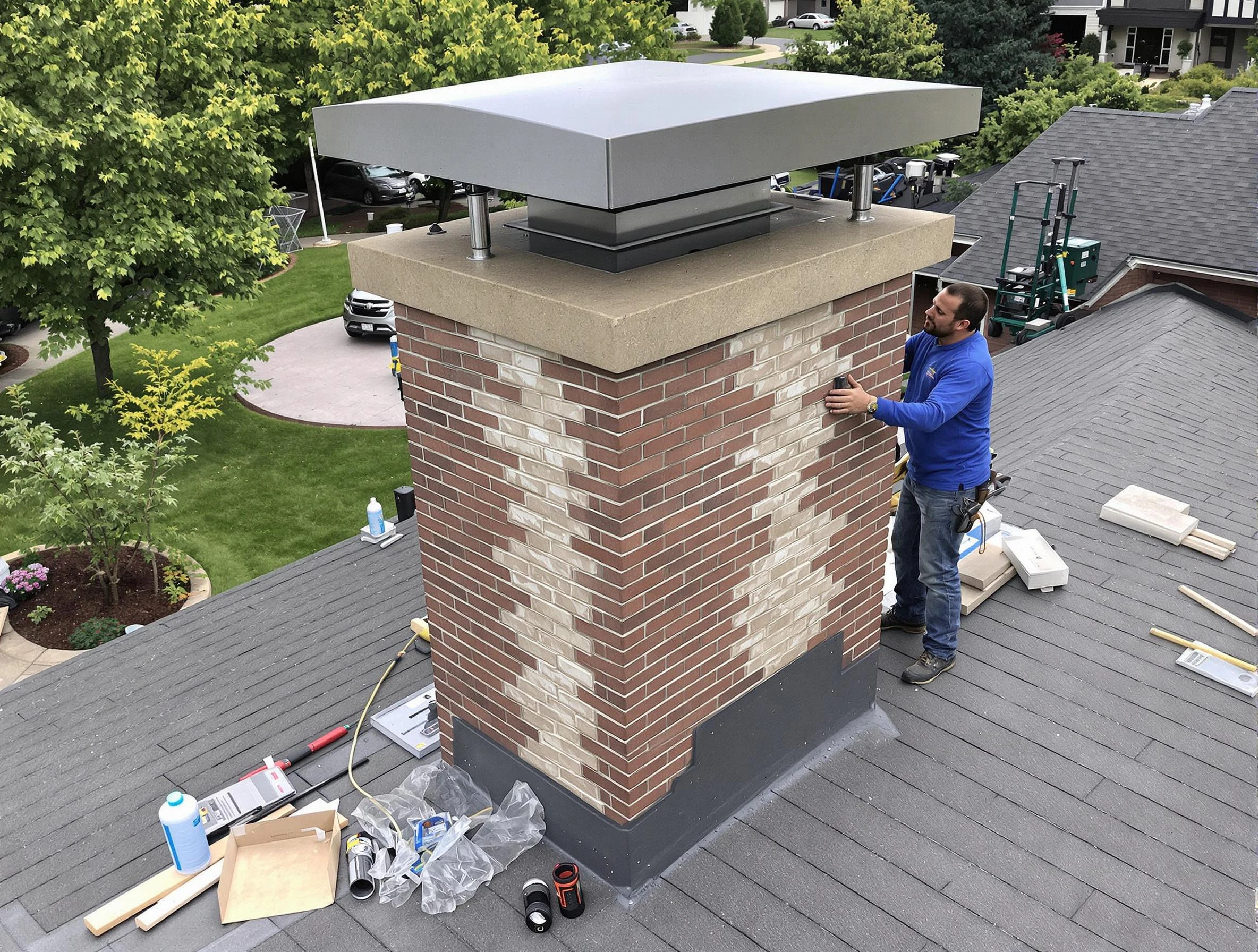 Milford Chimney Sweep team working on a custom chimney remodel in Milford, MA